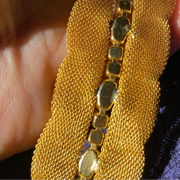 Wide Gold Mesh Bracelet with Clear Prong set Rhinestone Row. 7” - Picture 7 of 11